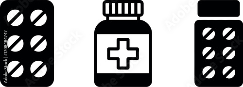 Minimalist medical icons set pills bottle and blister packs for healthcare concepts vector