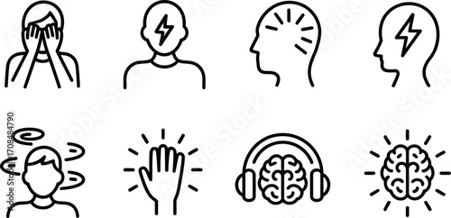 Set of eight minimalist line art icons representing mental health and brain activity concepts vector
