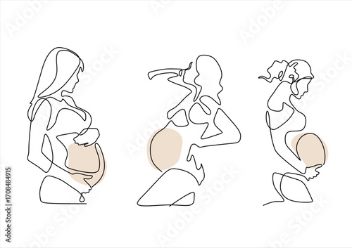 Pregnancy Line Art Continuous Drawings of Expectant Mothers. line icon-continuous line drawing. Editable stroke. 
