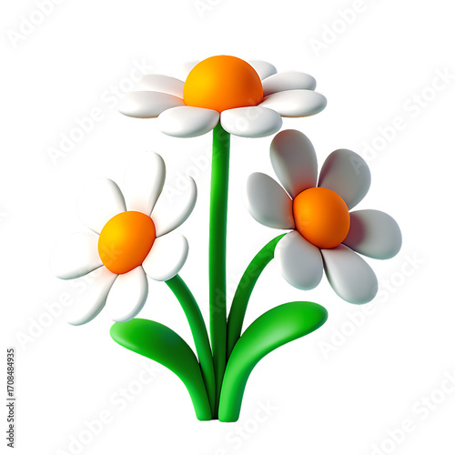 Three adorable cartoon daisies with orange centers and green stems on a isolated on transparent background