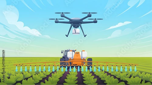 Modern agriculture and drone technology in action overseeing a tractor sprayer in a lush green crop field