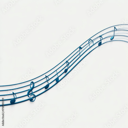 Dynamic 3D musical staff with notes in vibrant blue, representing harmony and rhythm, against a light background with copy space