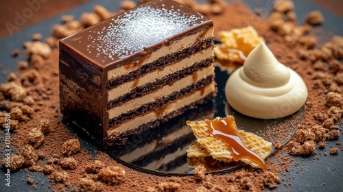 Luxurious chocolate toffee layer cake with glossy mirror glaze revealing multiple mousse layers accompanied by honeycomb shards and cream quenelle on dark slate