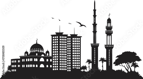 Vector art of silhouette of mogadishu city skyline, featuring iconic buildings and landmarks in black