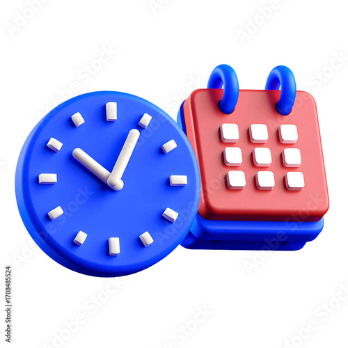 3d rendered icon set representing time management and scheduling concepts with a clock and calendar isolated on transparent background