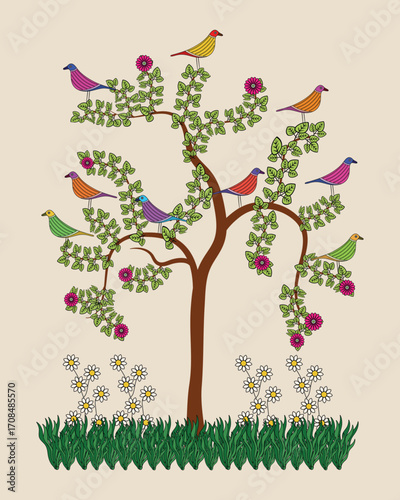 Madhubani Art: Serene Bird on the Tree of Life – A Symbol of Nature's Harmony. Madhubani art, Bird tree art, Indian folk art, Mithila painting.