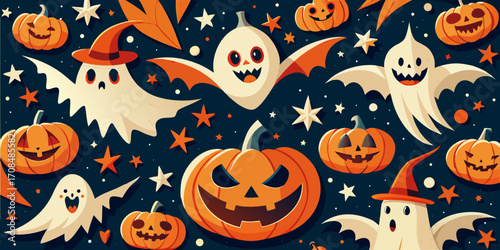 Scary Halloween night seamless pattern with cartoon pumpkin, ghost, and bat illustrations for an orange autumn party celebration design