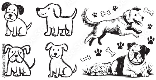 Black and white scribble-style dog and puppy sketches in charcoal and chalk texture. A creative collection of whimsical, funny, and cute hand-drawn doodles with rough sketch lines and playful outlines