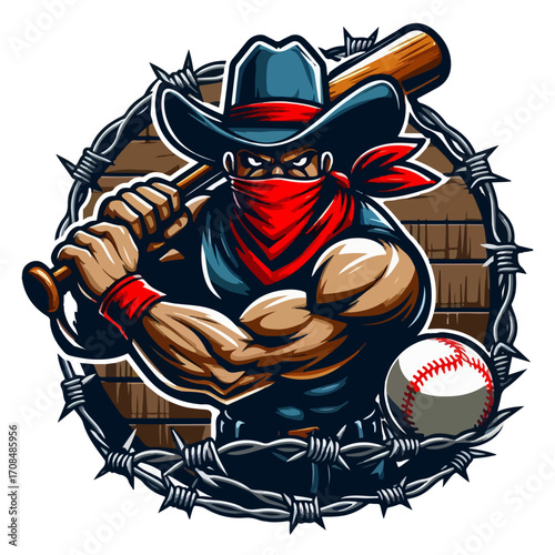 vector Cartoon illustration of a fierce baseball character with muscular arms, wearing a cowboy hat, png