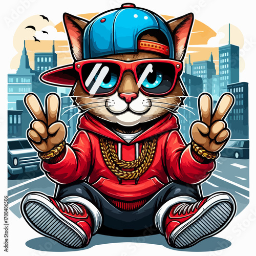 vector illustration of a cool hip-hop cat character wearing a red hoodie, gold chain, sunglasses, and a blue cap