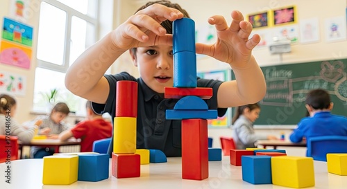 A young child playing with colorful building blocks in a classroom setting.