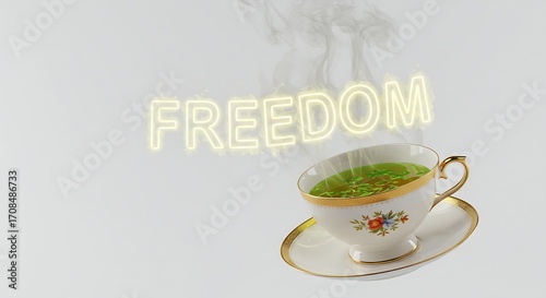 Steaming cup of green tea with the word FREEDOM glowing above