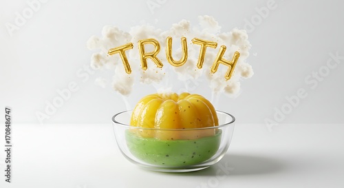 Golden 'TRUTH' balloons float above delicious layered dessert revealing ultimate satisfaction