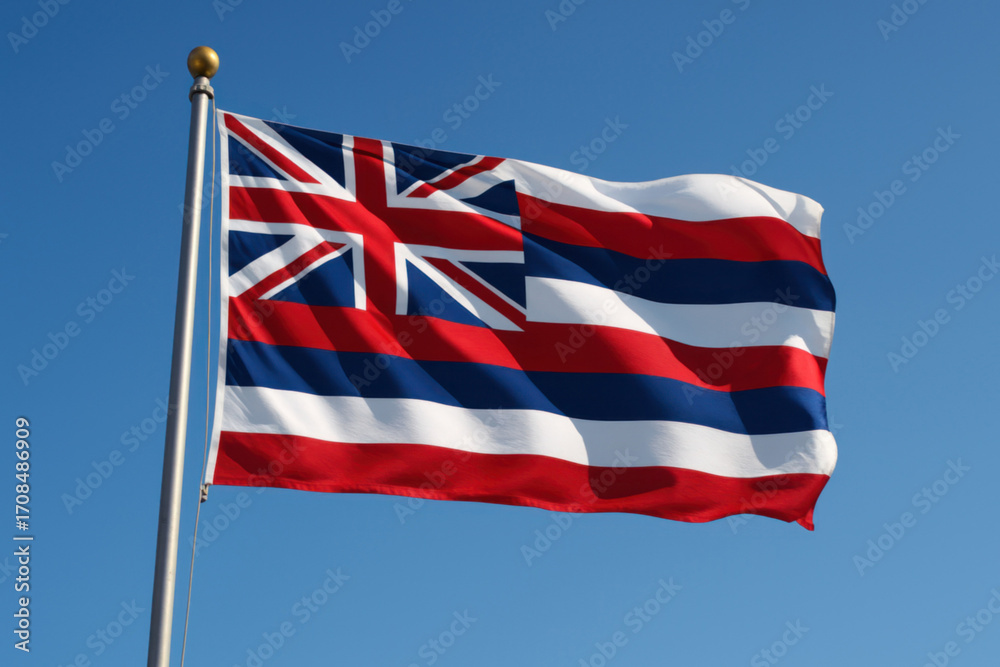 Fototapeta premium Hawaii state flag with Union Jack and red, white, blue stripesOfficial flag of Hawaii flying under a clear blue sky
