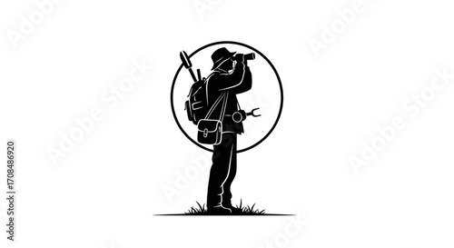 Adventurous explorer with binoculars and backpack on a mission for discovery