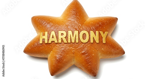 Golden HARMONY text on a star-shaped baked bread, symbolizing unity and peace