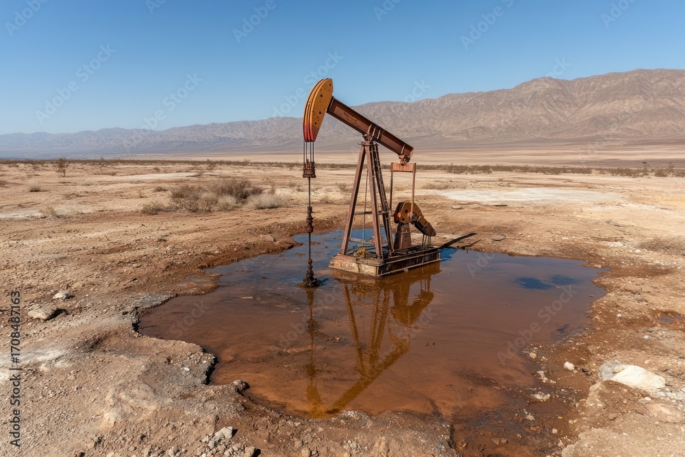 Fototapeta premium Oil well being drilled in arid desert landscape