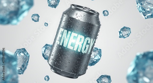 Thirst quenching energy drink can with glowing text surrounded by floating ice cubes