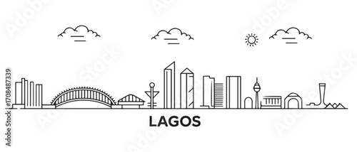 Lagos Line Art skyline horizontal banner. Lagos, Nigeria. Vector template for your design. with white background