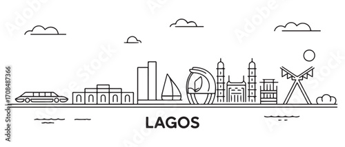 Lagos Line Art skyline horizontal banner. Lagos, Nigeria. Vector template for your design. with white background
