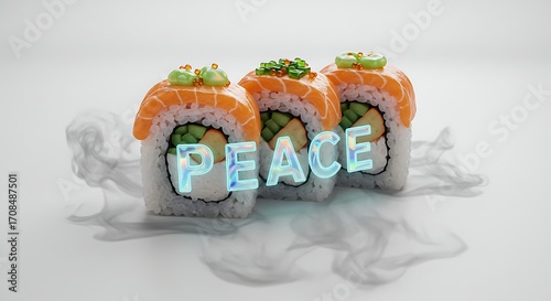 Fresh sushi rolls adorned with bright neon 'PEACE' text, creating a vibrant, modern culinary statement.