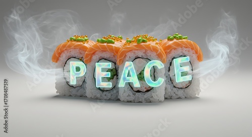 Salmon sushi rolls spell out PEACE with ethereal smoke wisps, a modern culinary statement.