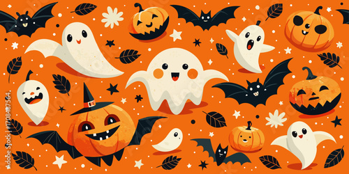 A seamless Halloween background with a cute cartoon pumpkin, cat, and bat pattern