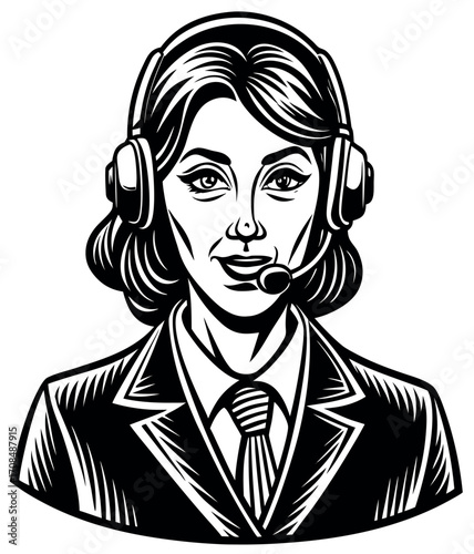 Customer Support Representative: A professional, elegantly drawn image of a dedicated customer support representative, equipped with a headset, exudes warmth and professionalism.