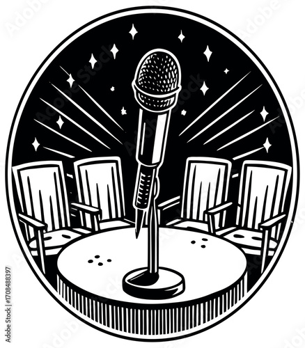 Roundtable Discussion: A meticulously crafted illustration presents a captivating scene centered on a microphone positioned prominently at a round table, with four chairs encircling it.