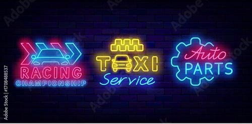 Taxi service neon labels collection. Auto parts. Racing tournament. Public auto. Vector stock illustration