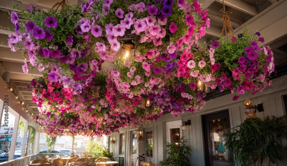 Fototapeta premium Hanging flower displays adorn a covered outdoor patio