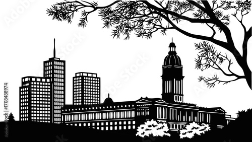 Vector art of silhouette of the manitoba legislative building in winnipeg with a tree in the foreground
