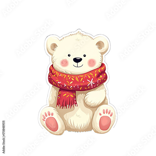 2D Sticker Vector Illustration winter white polar bear with scarf isolated transparent background