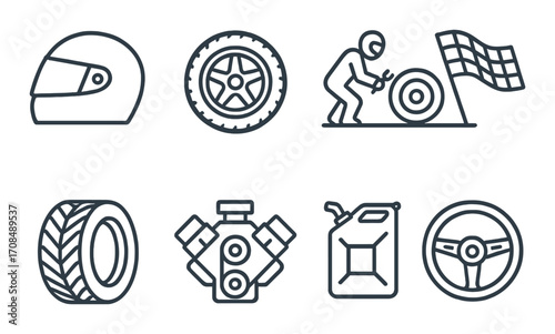 Racing icons: helmet, tire, flag, gear, engine, steering wheel