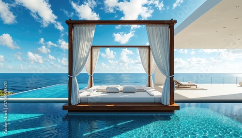 A luxurious outdoor retreat featuring a cabana bed next to a sparkling pool, with serene ocean and sky backdrop