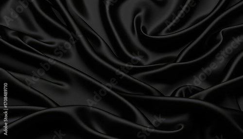 Rich ebony fabric drapes elegantly, forming smooth flowing lines and a luxurious background with deep shadows and subtle highlights