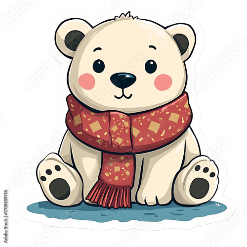 2D Sticker Vector Illustration winter white polar bear with scarf isolated transparent background