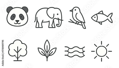 Stylized icons of panda, elephant, bird, fish, tree, plant, waves, sun on grayscale background