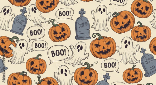  Hand-Drawn Vintage Seamless Halloween Pattern with Ghosts, Pumpkins, and Tombstones