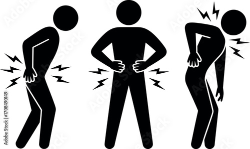 Figurative depiction of lower back pain and discomfort showing three different poses vector