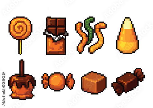 Pixel art candies collection: chocolate, lollipop, gummies, caramel, candy corn