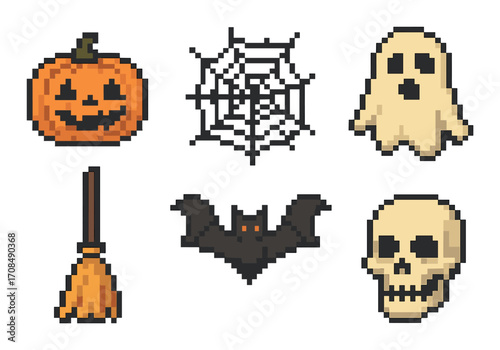 Retro halloween pixel art: pumpkin, ghost, skull, bat, web, broom