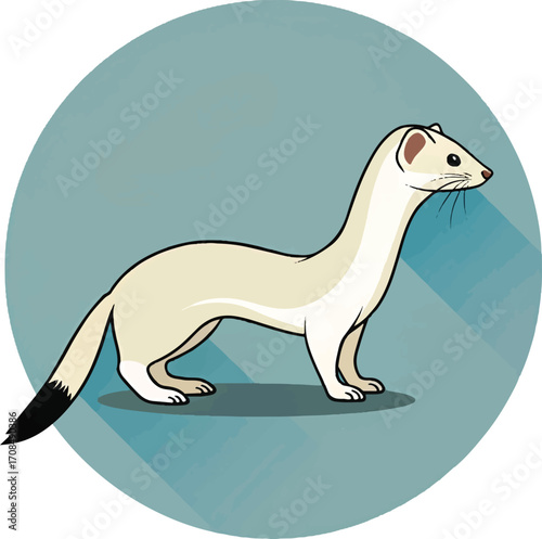 Cartoon White Weasel Ermine Illustration on Blue Circle Background