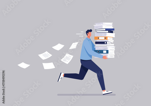 A man in a blue shirt and black pants is running while carrying a large stack of files and papers, with some papers flying off the stack, against a light gray background, depicting a busy or stressful