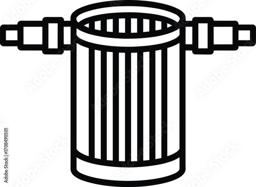 Simple line art icon of a cylindrical filter with inlet and outlet connections
