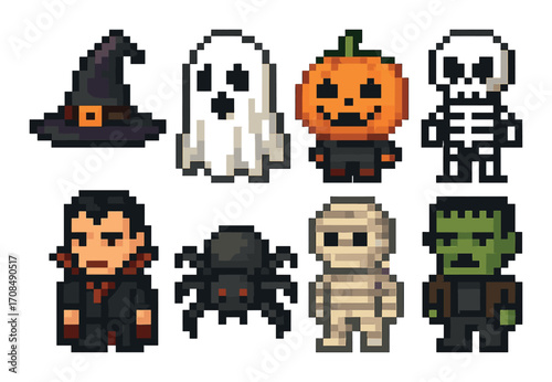 Pixel art halloween characters: witch, ghost, pumpkin, skeleton, vampire, spider, mummy, frankenstein
