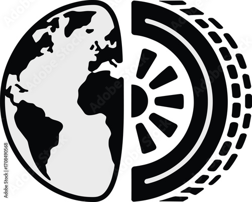 Clever logo design merging earth globe half with tire tread half circular shape