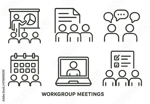Workgroup meetings icons: presentation, discussion, planning, virtual collaboration