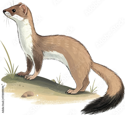 Cartoon Weasel Illustration Standing on Rock with White Background