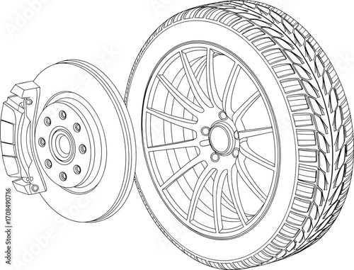 Detailed car wheel and brake disc line art representation